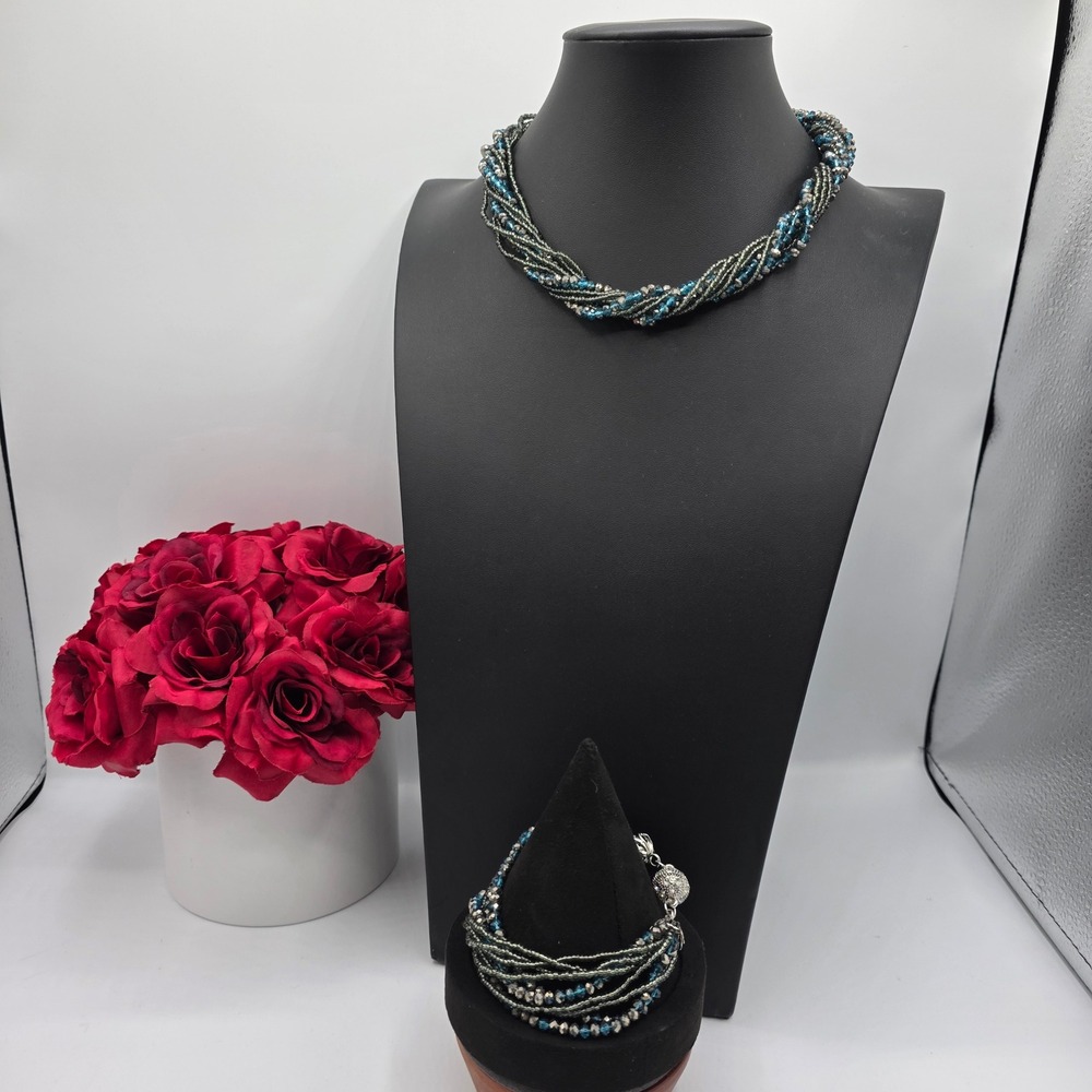 Teal Silver Multi Strand Beaded‎ Necklace Bracelet Set Magnetic Rhinestone Clasp